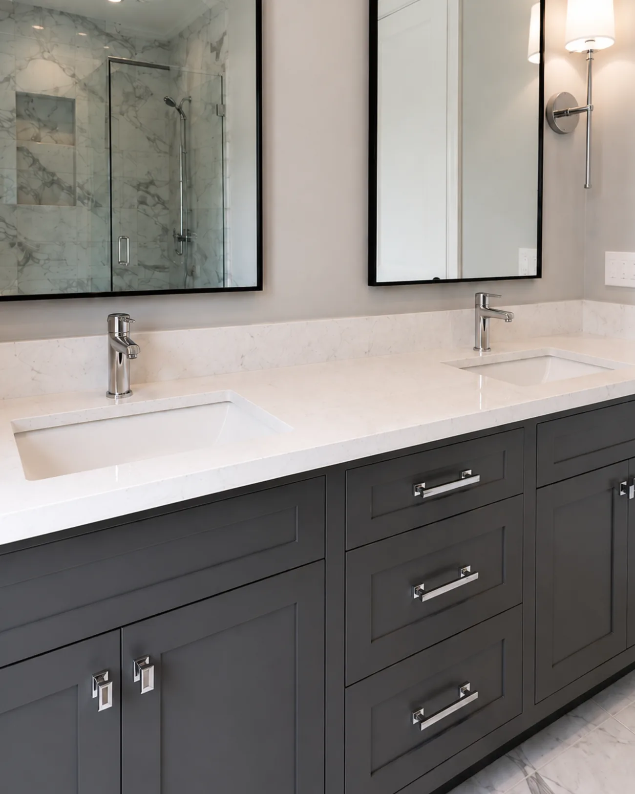 Master bathroom with marble shower and double vanity