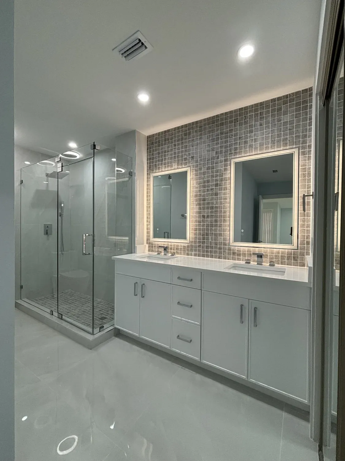 Marble Double Vanity & Glass Shower