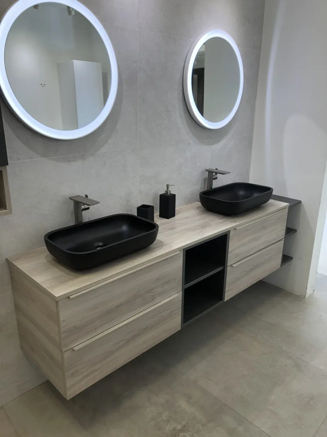 Floating Vanity with Vessel Sinks