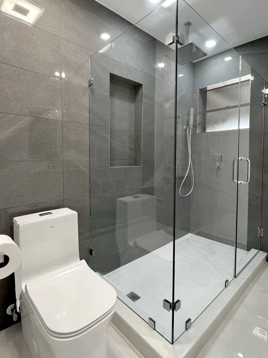 Gray Stone Shower with Rain Head